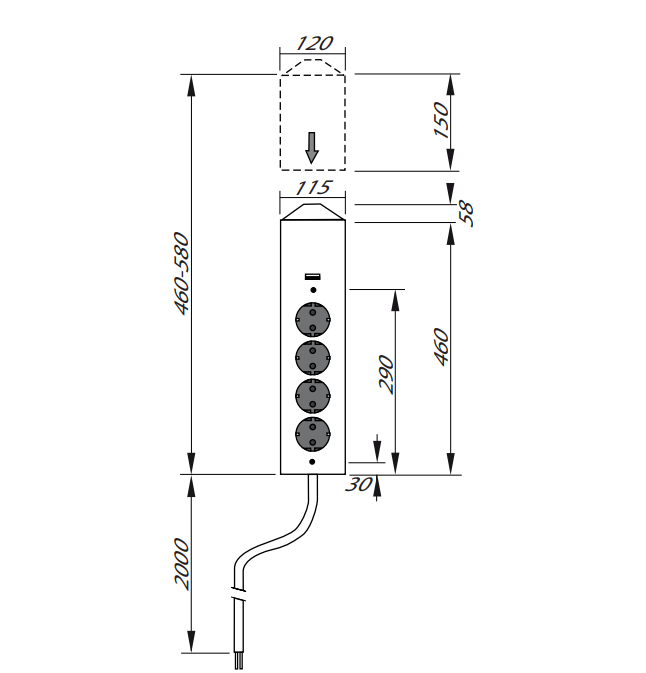 Energie-hoekzuil 4ST stopcontact rvs - Met USB lader.